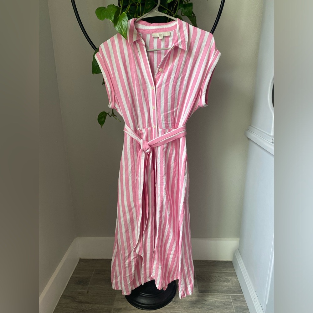 LOFT Poppy Stripe Linen Blend Pocket Midi Shirtdress Pink Size 0 🩷🤍
